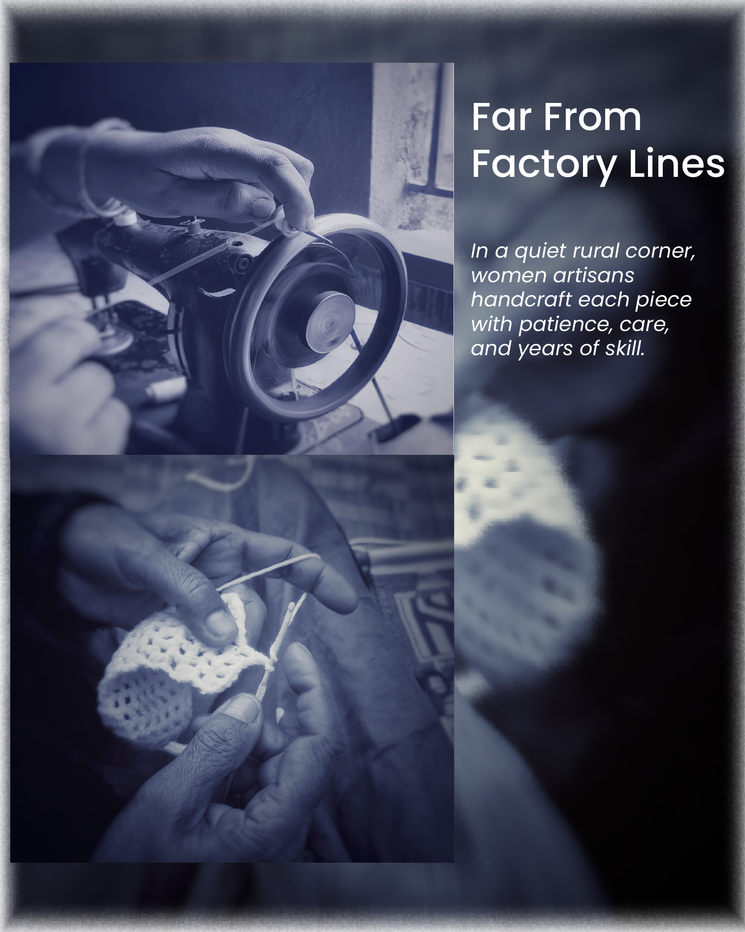 A collage of hands at work: cutting, stitching, folding cloth in warm light
