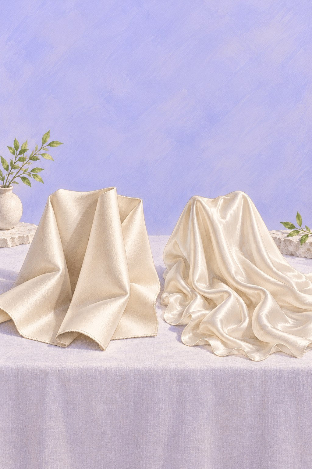 Illustration comparing ivory duchess satin holding structured folds on the left with flowing silk charmeuse on the right, against a lavender background.