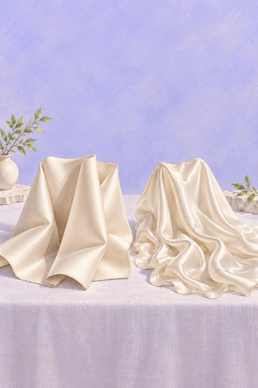 Illustration comparing ivory duchess satin holding structured folds on the left with flowing silk charmeuse on the right, against a lavender background.