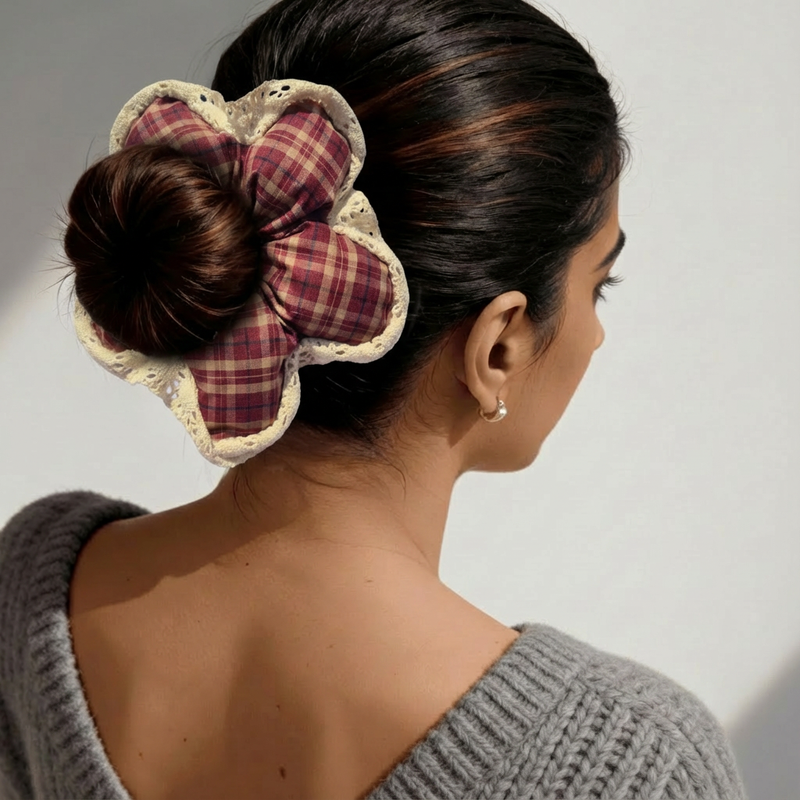 Plaid Flower Scrunchie