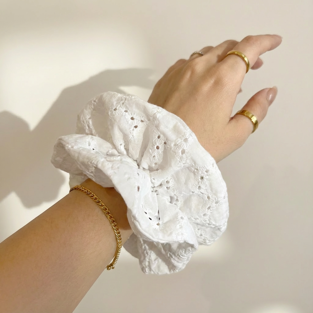 White Chikankari Cloud Scrunchie