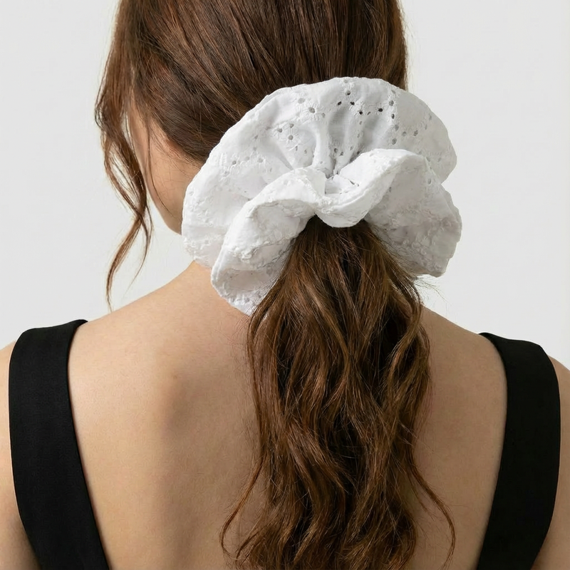 White Chikankari Cloud Scrunchie