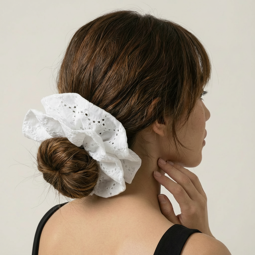White Chikankari Cloud Scrunchie