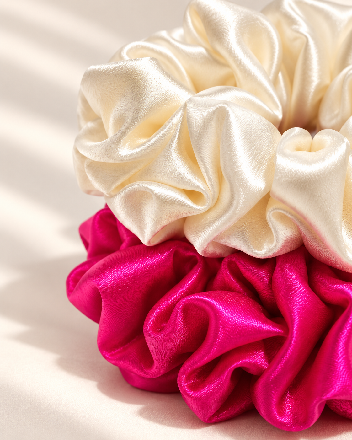 Close-up of the light-catching sheen on stacked Candy Pop silk charmeuse scrunchies, Antique White on Hot Pink