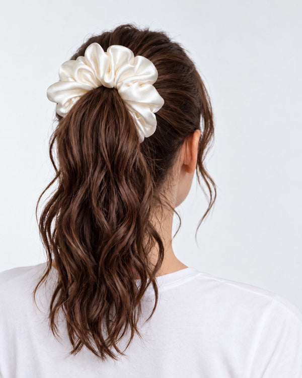 Candy Pop mulberry silk scrunchie in Antique White, holding a high ponytail of wavy brown hair