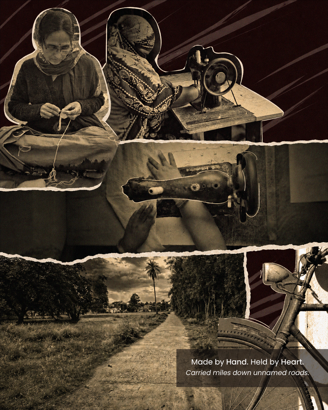 A sepia collage: an artisan crocheting, hands at a sewing machine, a village road, a bicycle. Made by hand. Held by heart.