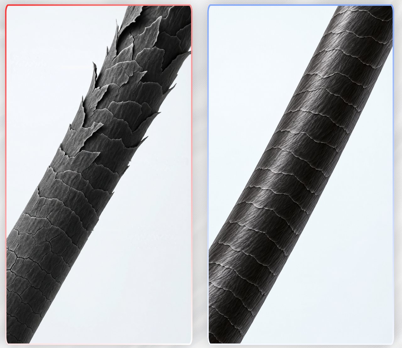 Illustration of two hair strands up close: on the left, cuticle scales lifted and chipped by friction; on the right, smooth scales lying flat