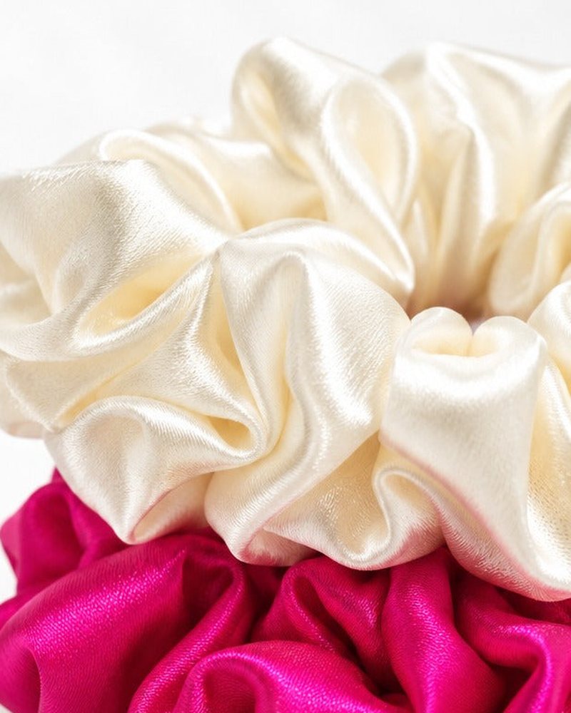Close-up of the smooth silk on a Candy Pop scrunchie
