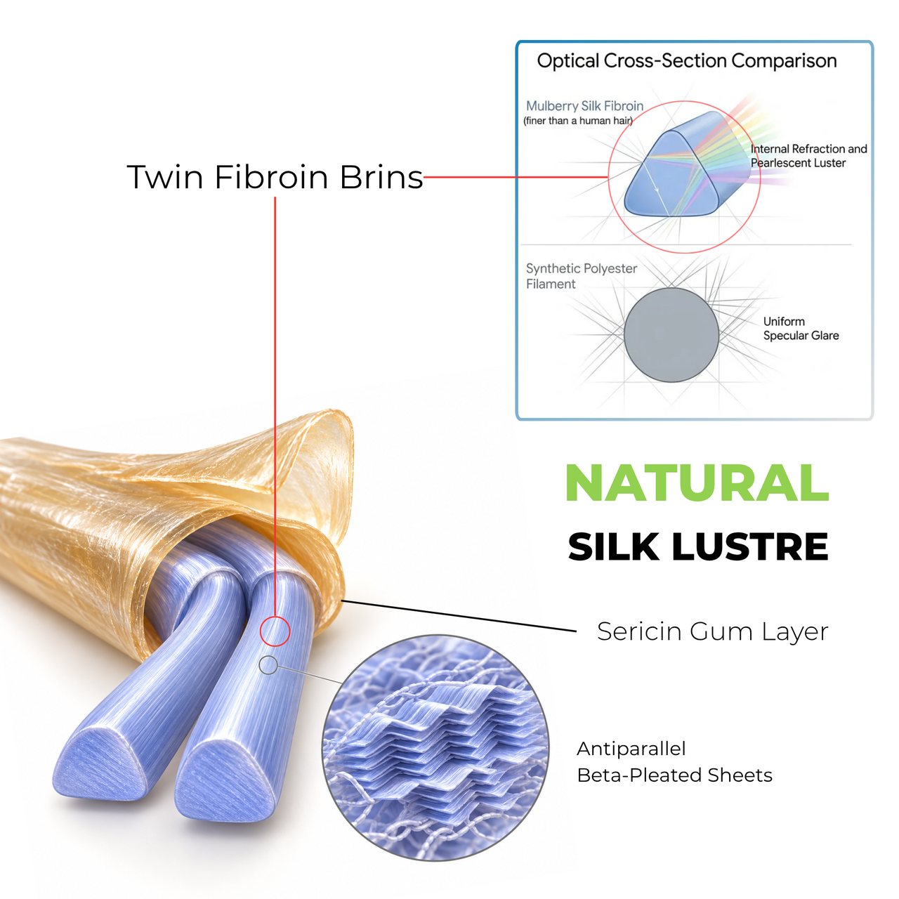 Drawing of a mulberry silk fibre: two fibroin strands in a sericin layer, and the rounded-triangle cross-section behind silk's lustre