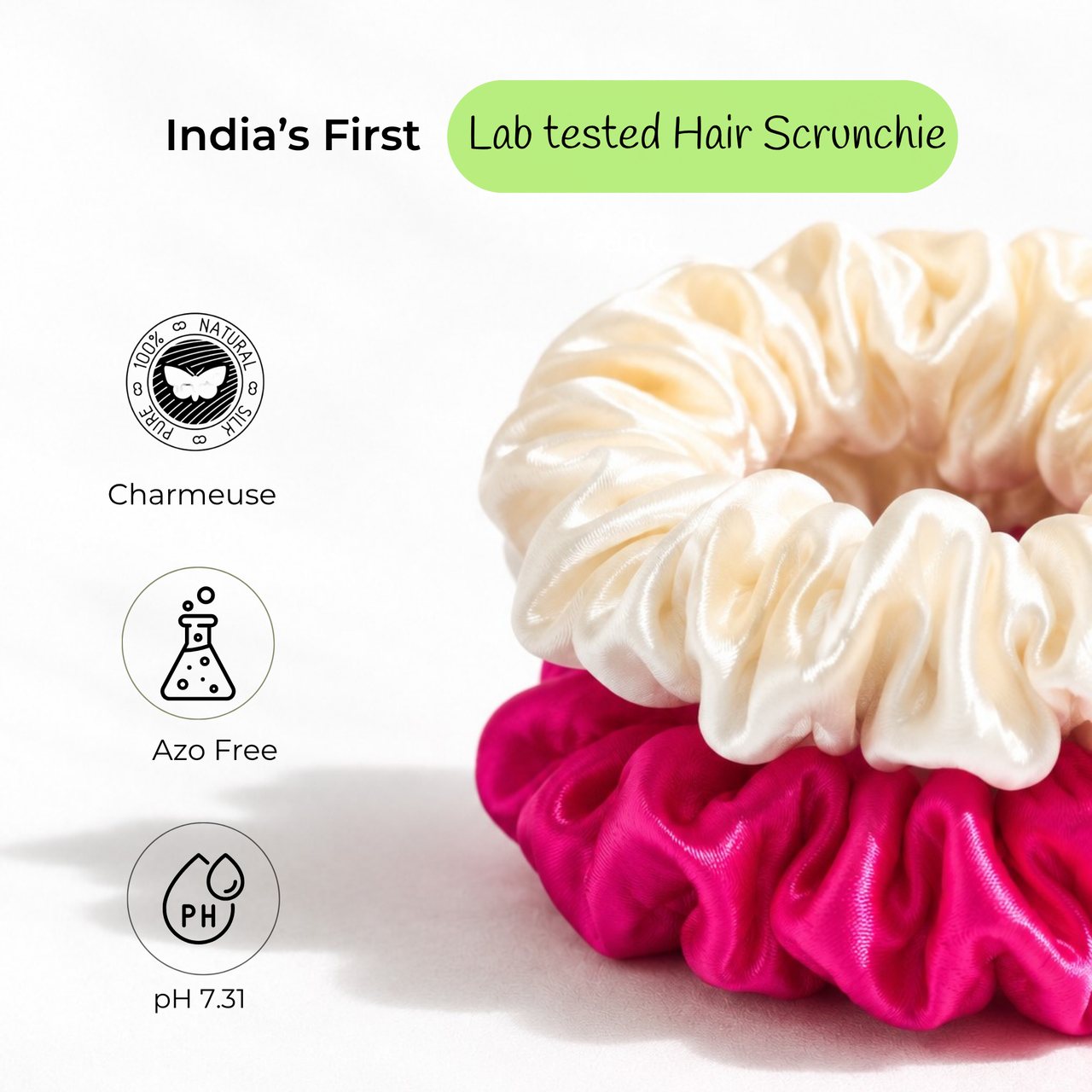 Candy Pop scrunchies in Antique White and Hot Pink beside three marks: charmeuse, azo-free and pH 7.31, under a lab-tested hair scrunchie label