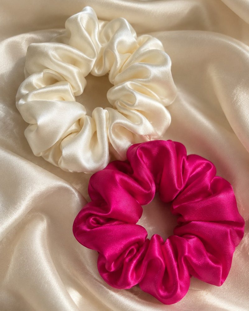Candy Pop silk scrunchies in Antique White and Hot Pink