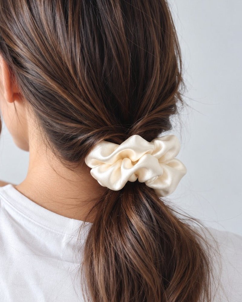 Smooth hair held by a Candy Pop silk scrunchie