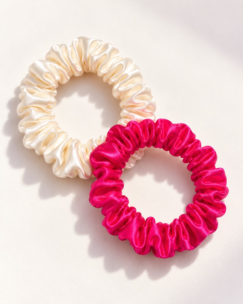 Candy Dot silk scrunchies in Antique White and Hot Pink